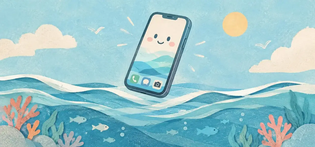 悬浮在纸感海面上的智能手机插画