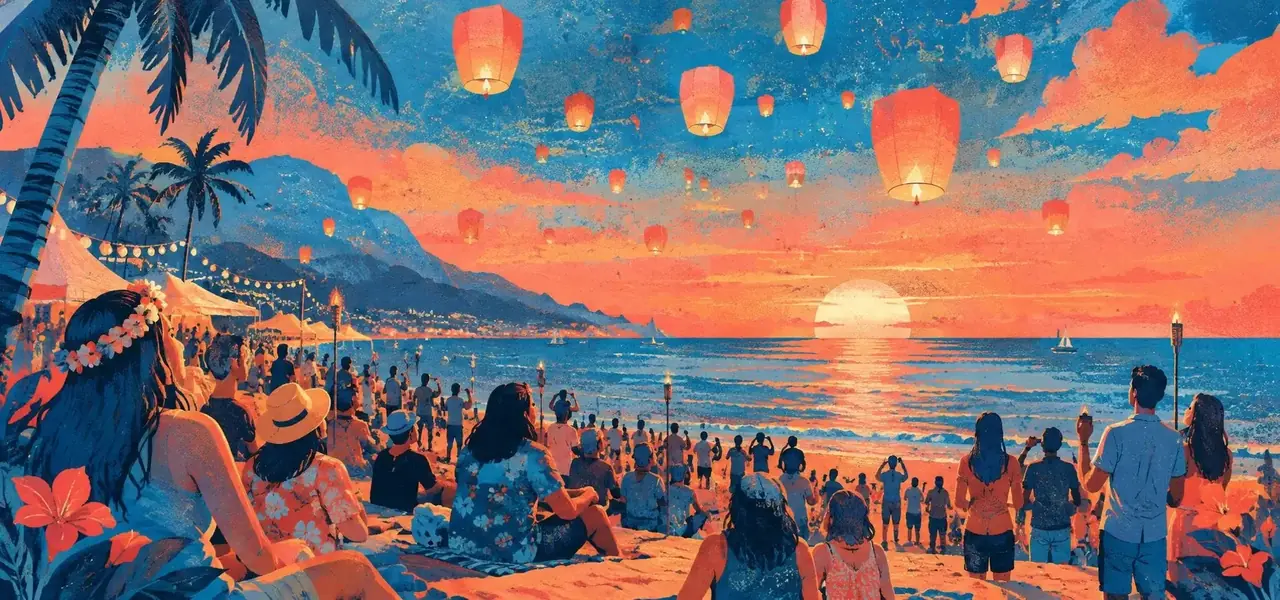黄昏海滩灯笼与人群插画
